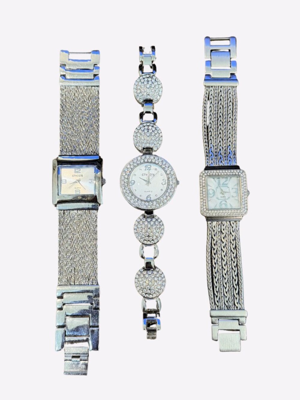 Lot of 3 Chico’s Stainless Steel Watches Silver Rhinestone Diamond Costume Jewel